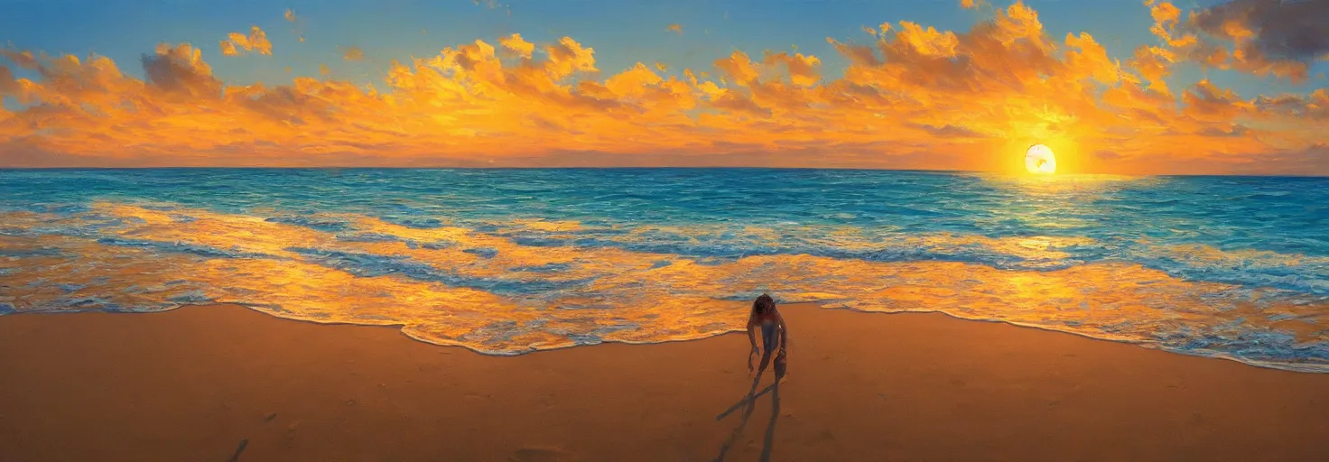 Image similar to a beautiful award - winning oil painting of an epic beach golden hour with perfect weather in roblox, trending on artstation, hd, 3 2 k, unreal engine, octane render, concept art, masterpiece