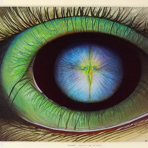 Image similar to robust, elaborate by bob eggleton, by louis majorelle. a drawing of a large eye that is looking directly at the viewer. the eye is composed of a myriad of colors & patterns, & it is surrounded by smaller eyes.