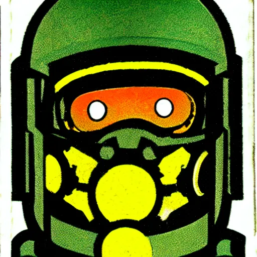 Prompt: portrait of a mutant chronicles bauhaus doomtrooper, wearing green battle armor, a yellow smiley sticker centered on helmet, by moebius