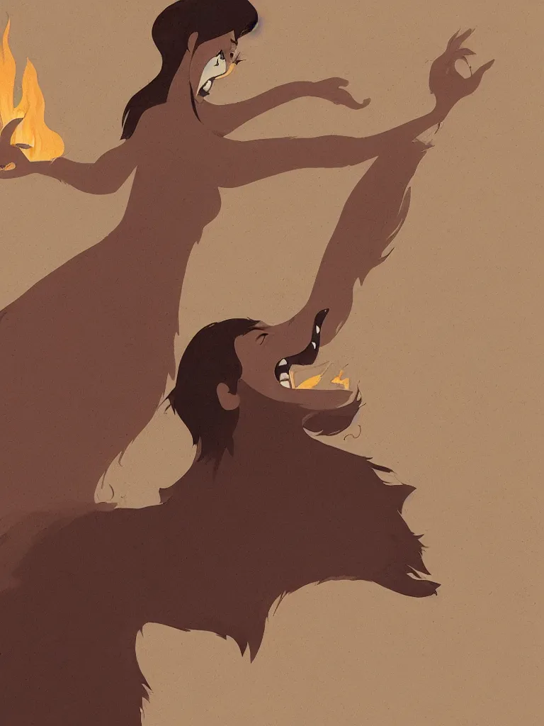 Image similar to woman howling at fire by disney concept artists, blunt borders, rule of thirds