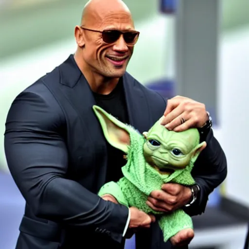 Prompt: Dwayne Johnson carries baby Yoda in his hands
