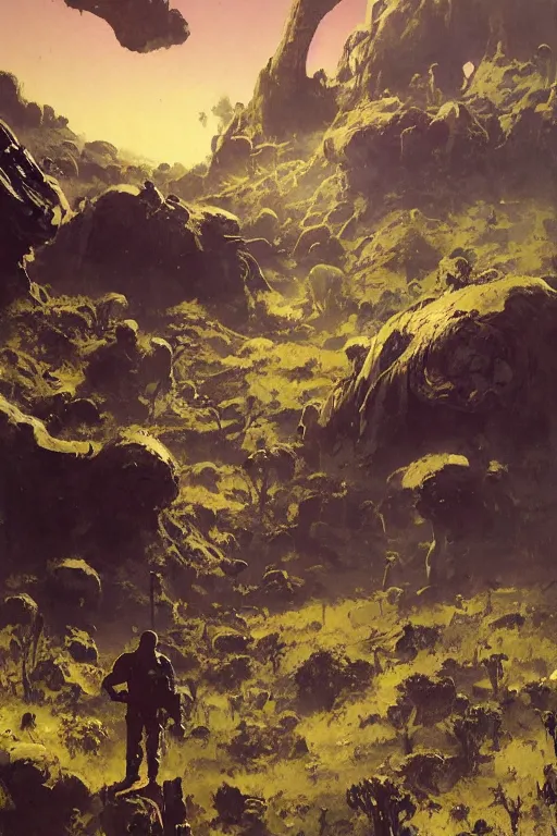 Image similar to 5 0 s pulp scifi illustration, space explorers in beautiful landscape, plain stretching into distance, pond, baobab trees, distant mountains, painted by bergey, craig mullins, john berkey, ruan jia, raymond swanland, jeremy mann, beksinski, jack kirby, tom lovell, alex malveda, schomburg