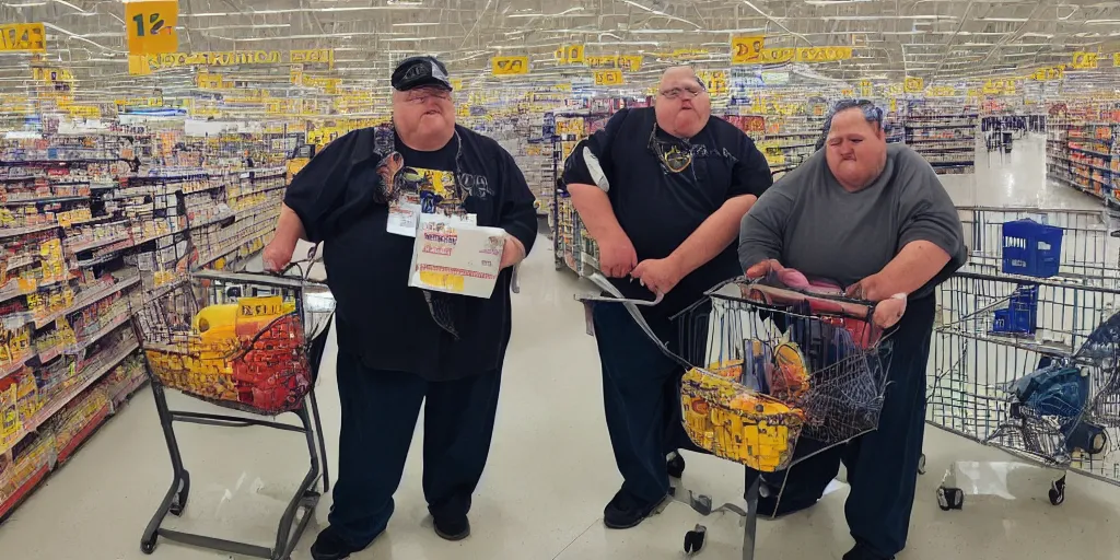 Prompt: obese americans at wal - mart, decrepit old fat people holding a giant bitcoin of rust, depressive realism dystopia