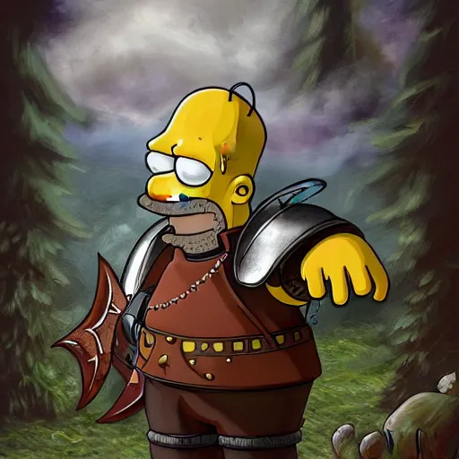 Image similar to portrait of homer simpson wearing armor, fighting a dragon in a mystical forest, dark fantasy, dnd style, mediaeval armor, highly detailed, intricate, holy, artstation, artistic