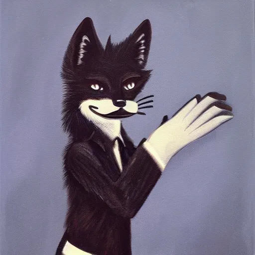 Image similar to portrait of a male anthro anthropomorphic black fox furry fursona with hands on eyes, wearing a suit, 1 9 7 0 s oil on canvas painting, by famous artist jylon denja