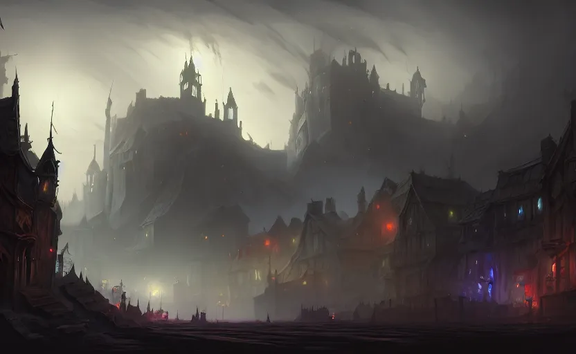 Image similar to extreme long shot concept art depicted old english majestic town, dramatic mood, overcast mood, dark fantasy environment, dieselpunk, art inspired by league of legends and arcane, style by jason engle and jordan grimmer, trending on artstation, unreal engine, golden ratio, spectacular composition