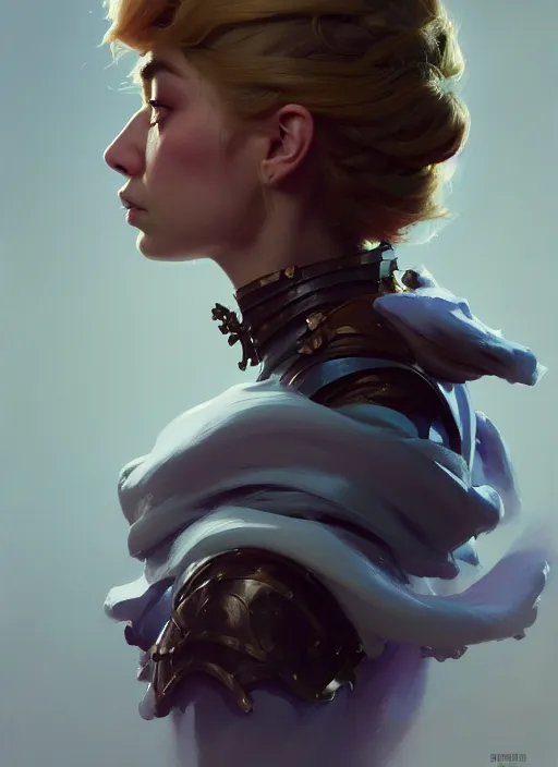 Image similar to side portrait, imogen poots, paladin, gloomhaven, organic painting, hard edges, gradient monochromatic color, luminescent, octane render, by greg manchess, huang guangjian, gil elvgren, sachin teng, greg rutkowski, jesper ejsing, rhads, ilya kuvshinov, cushart krenz