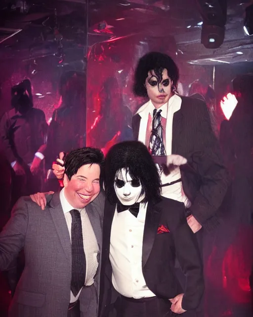 Prompt: Michael Mcintyre & a bearded man & white Michael Jackson in a nightclub in Porto,real life skin, intricate, elegant, highly detailed, artstation, concept art, smooth, sharp focus, photo
