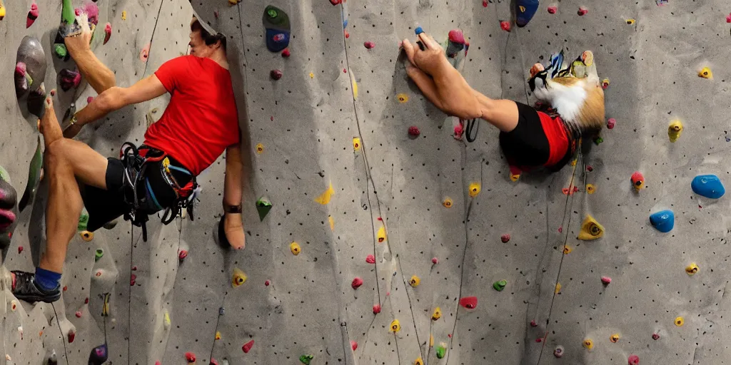 Prompt: an award winning wide photo of, a professional chambionship rock climbing cat, drinking a cup of coffee, and holding onto a rop on an indoor rock climbing wall