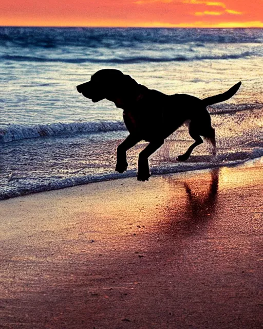 Prompt: dog running on the beach during a beautiful sunset, photorealistic