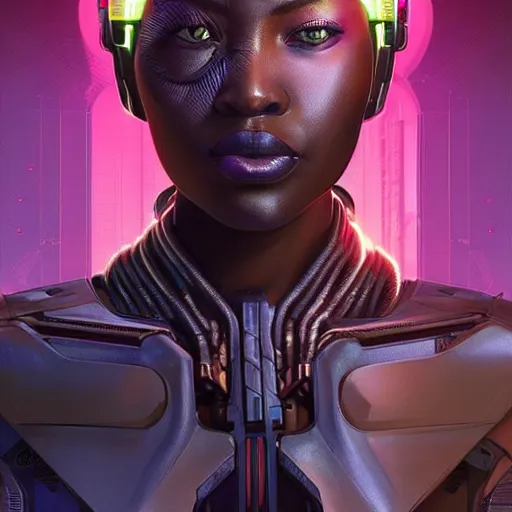 Image similar to african biopunk bounty hunter, science fiction, highly detailed, digital painting, beautiful eyes, symmetry, concept art, sharp focus, illustration, global illumination, radiant light, synthwave colors, detailed and intricate environment, art by artgerm and greg rutkowski and magali villeneuve and ilya kuvshinov!