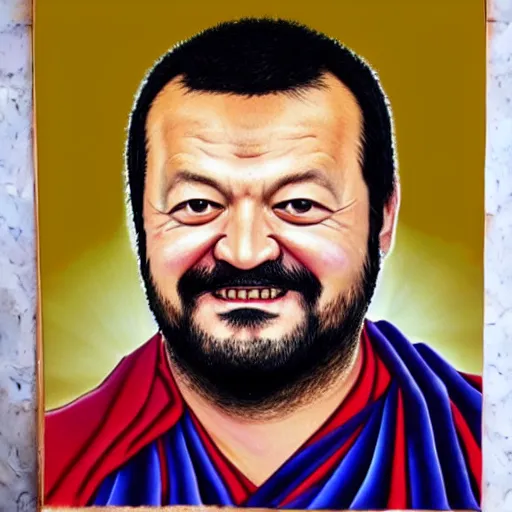 Image similar to thangka painting of matteo salvini, hyperrealistic, trending on artstation