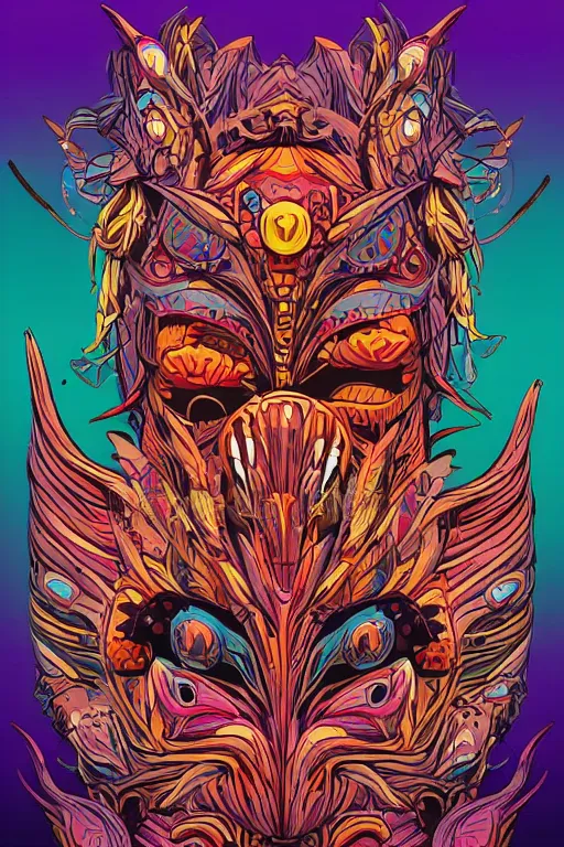 Prompt: animal mask totem roots tribal feather gemstone plant wood rock shaman vodoo video game vector illustration vivid multicolor borderlands comics by josan gonzales and dan mumford radiating a glowing aura