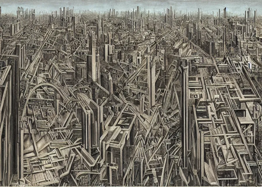 Prompt: dystopian metropolis, panoramic view, very complex architecture, ominous, dark, by de chirico, by hugo simberg, by roberto matta