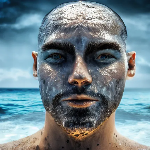 Prompt: water artwork manipulation in the shape of a human head, on the ocean water, ray tracing, realistic water sharp focus, long shot, 8 k resolution, cinematic, amazing water art, hyper - realistic