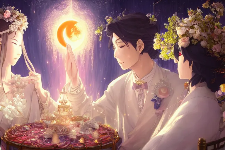 Image similar to a dreamlike portrait of wedding close up moment of a divine a japan sun god and moon goddess lovers magician at a wedding banquet. highly detailed, digital painting, fantasy wedding screen, 8 k realistic, hyper detailed, by makoto shinkai and akihiko yoshida and hidari and wlop