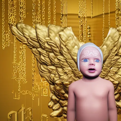 Image similar to a high tech 3 d rendering of a a baby cherub angel wearing a balaclava face mask, ski mask, face covered, covered face, fixed eyes, tattoos, multiple gold cuban chain necklace, graffiti in background octane render, blender