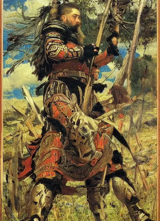Prompt: warrior inspired a painting Heroes (Bogatyri) Viktor Vasnetsov