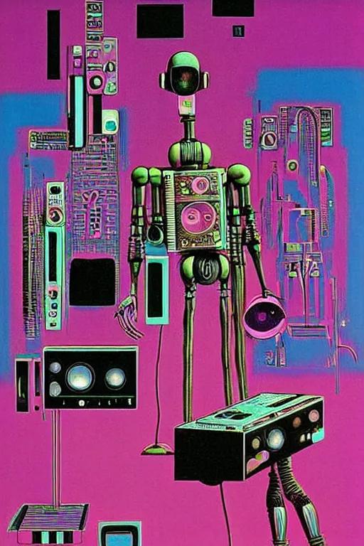 Prompt: 8 0 s art deco robot, wires synthesizers, speakers, computers, studio, taperecorder, cinematic dramatic cyberpunk textural fluid lines purple, pink, blue, green. otherworldly vaporwave interesting details fantasy lut epic composition by basquiat zdzisław beksinski james jean artgerm rutkowski moebius francis bacon gustav klimt