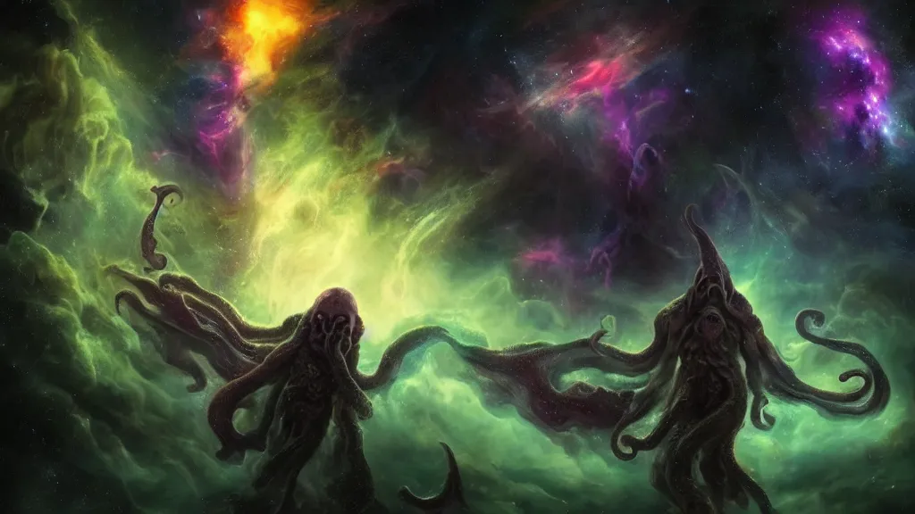 Image similar to cosmic cthulhu in dark space, nebula in background, by lovecraft, details face, detailed body, realistic body proportions, unreal engine, by popular digital artist, digital, artstation, detailed body, heavenly atmosphere, digital art, overdetailed art, trending on artstation, cgstudio, the most beautiful image ever created, dramatic, award winning artwork, beautiful scenery