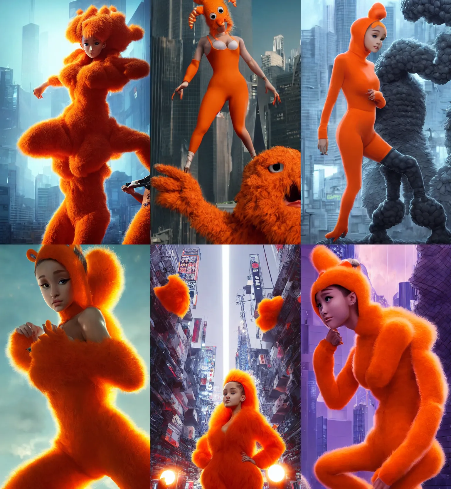 Prompt: ultrarealistic giant ariana grande wearing orange monster chicken suit vs jason statham in tokyo by yusuke murata, octane render, character concept art, movie action still frame, cinematic lighting, volumetric lighting, extreme intricate details, artstation, dnd art, cgsociety, sharp focus, ultra wide angle, digital painting by artgerm, gerald brom, wlop