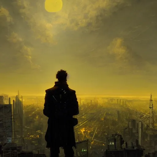 Image similar to wanderer with night vision goggles, dramatic light, sunset, cyberpunk city in the background, gorgeous view, depth, painted by Caspar David Friedrich, clouds, tending on artstation