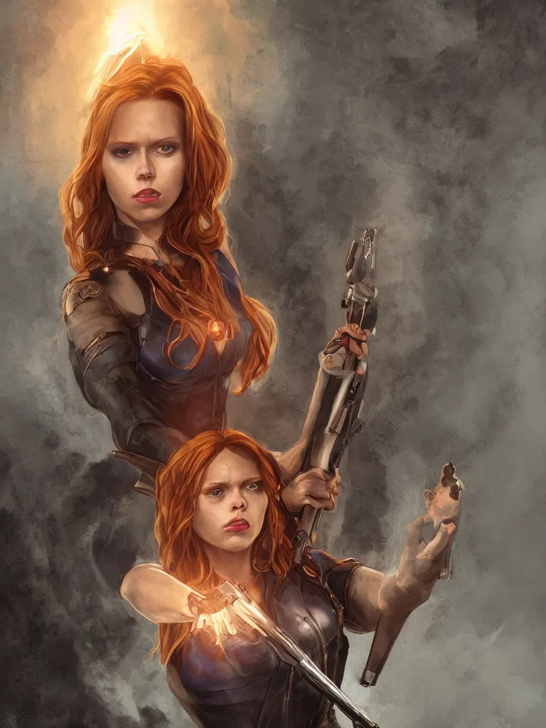 Image similar to portrait of marvel's black widow as a beautiful scandinavian goddess in a icelandic courtyard holding a pistol, decolletage, confident pose, coherent, insane detail, concept art, character concept, cinematic lighting, global illumination radiating a glowing aura