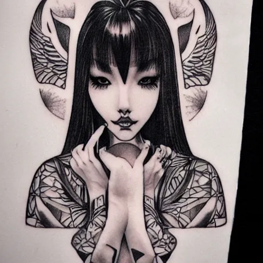 Image similar to tattoo design, stencil, beautiful young female, long dark hair, symmetrical facial features, Japanese, partially clothed in robe, by William-Adolphe Bouguerea and artgerm