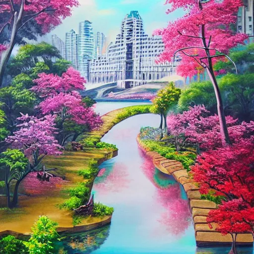 Image similar to Extraordinary beautiful city of the future in harmony with nature. Beautiful detailed painting by Lurid. (2022)