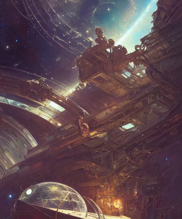 Image similar to A outside view of abandoned space station in the deep space, fantasy, intricate, elegant, highly detailed, digital painting, artstation, concept art, smooth, sharp focus, illustration, art by artgerm and greg rutkowski and alphonse mucha