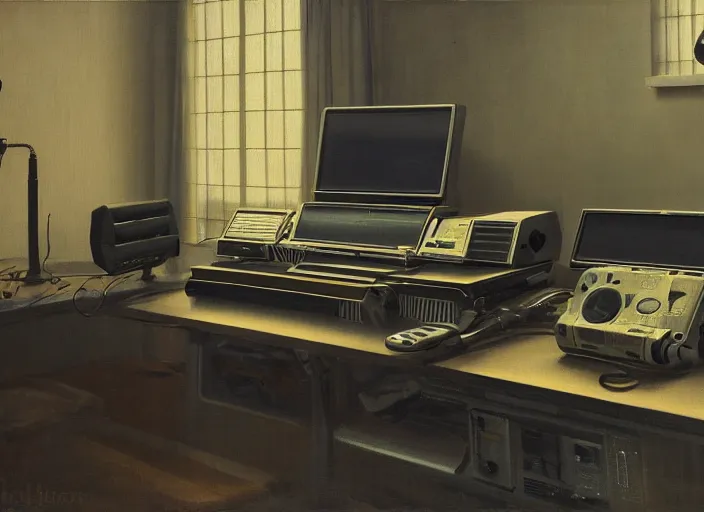 Image similar to still life painting of a retro electronics supercomputer workstation by pieter claesz, oil on canvas, blade runner vibes, syd mead concept art, minimalist, strong lighting, highly detailed, hyper realism, golden hour, god rays, hd, 4 k