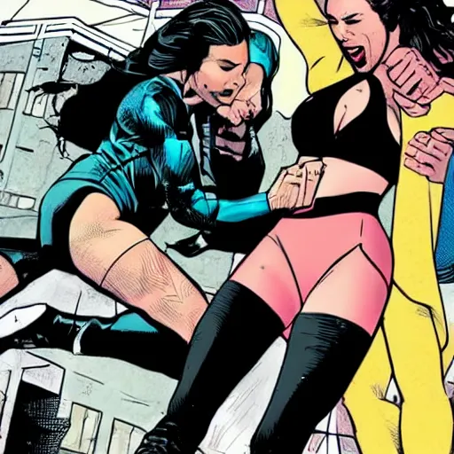 Prompt: In the style of Rafael Albuquerque comic art, Iggy Azalea and Gal Gadot wrestling on a street corner.