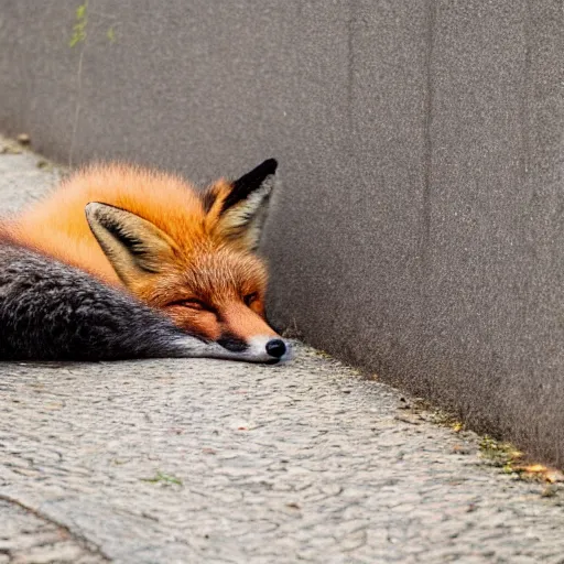 Image similar to a fox sleeping on a suv, side of the road, sunny, hyperrealistic, 4 k, contest winning photography