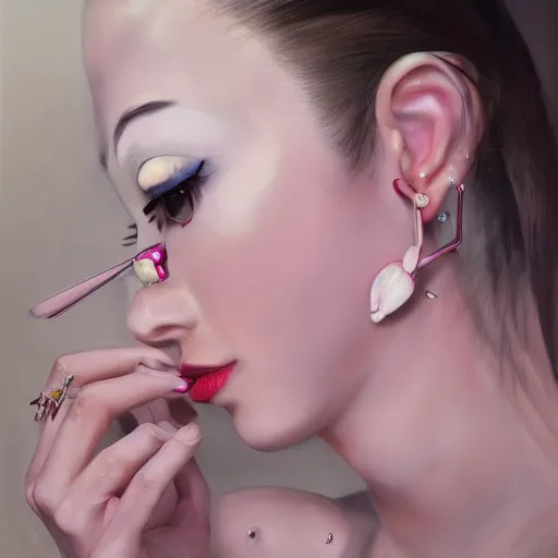 Prompt: a portrait of an intensely lit orchid mantis woman full of piercings, modeling, white and pink, oil painting, pale colors, high detail, 8 k, wide angle, trending on artstation,