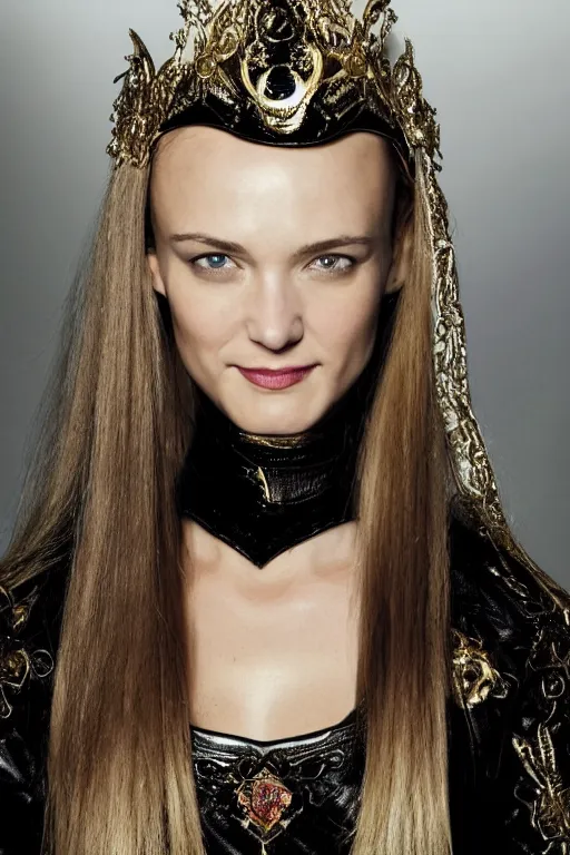 Prompt: A beautiful portrait of Daria Strokous smiling as mistress Denna from The Legend of The Seeker as a Versace fashion model Spring/Summer 2010, highly detailed, in the style of cinematic, Getty images, Milan fashion week backstage, Extreme close up, Makeup by Pat McGrath, Hair by Guido Palau, Greg rutkowski