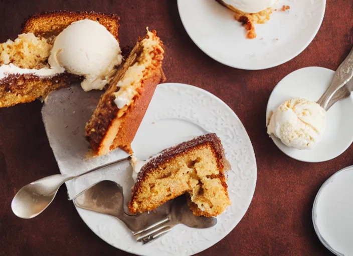 Image similar to dslr food photograph of warm. utter cake topped with a scoop vanilla bean ice cream, 8 5 mm f 1. 8