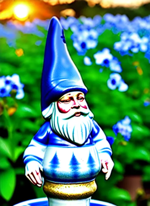 Image similar to a garden gnome made of blue and white fine china. intricate blue patterns. soft light. golden hour