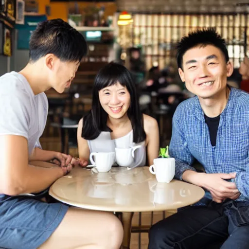 Prompt: taiwan brother, sister and her foreign husband sit down waiting for coffee in cafe