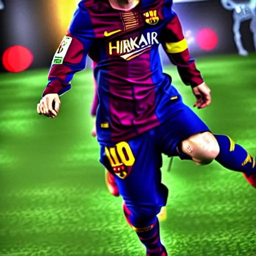 KREA - photograph of Lionel Messi going into super Saiyan