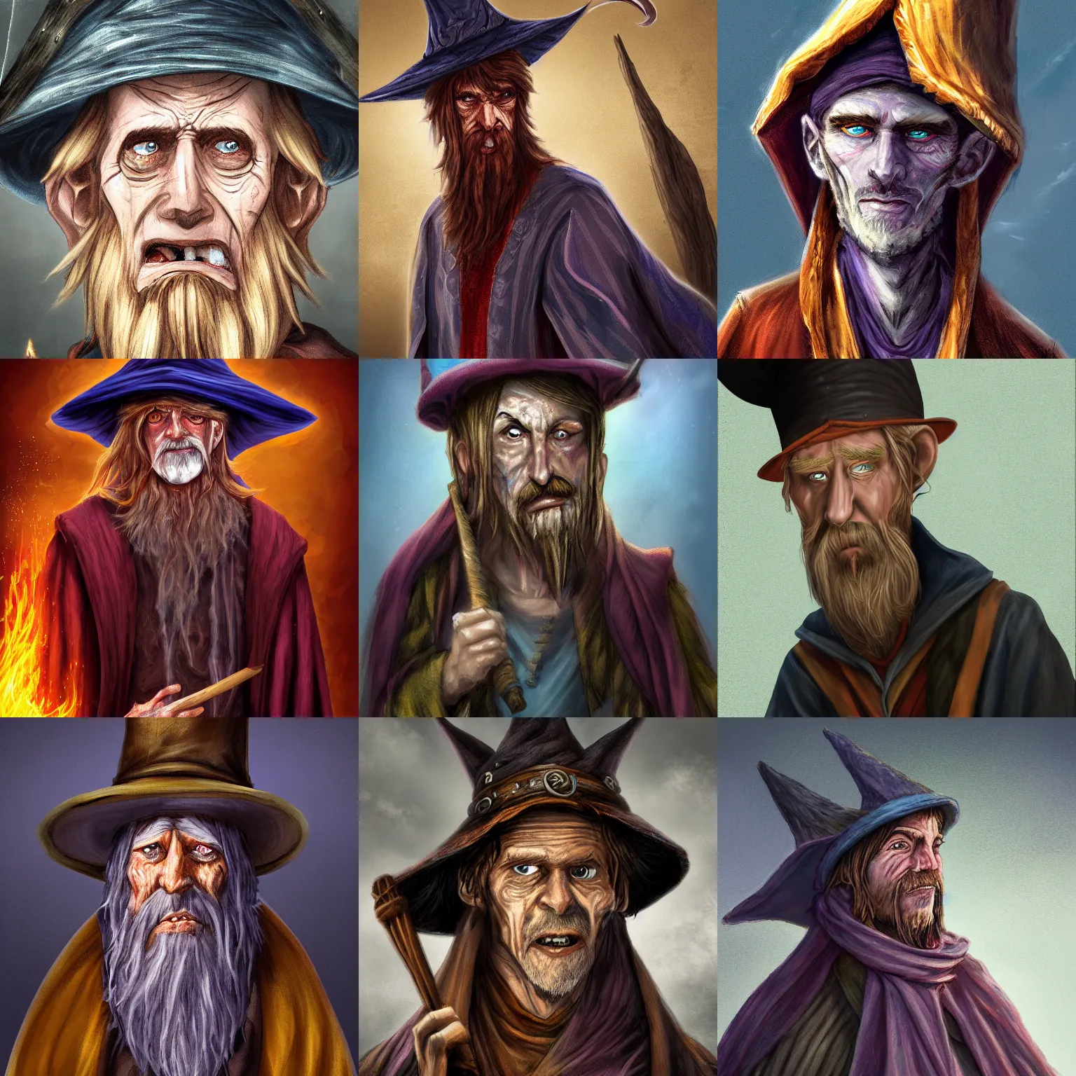 Prompt: Chawick the Fail Wizard, a weak-looking young man in ragged and stained wizard's robes and hat. 8k resolution, full-length portrait, digital painting, fantasy art.