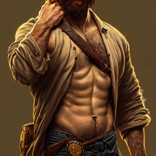 Image similar to portrait of a rugged ranger, full body, open shirt, hairy torso, D&D, fantasy, intricate, elegant, highly detailed, digital painting, artstation, concept art, matte, sharp focus, illustration, art by Artgerm and Greg Rutkowski and Alphonse Mucha