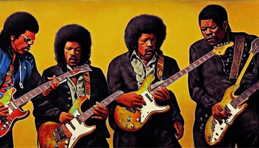 Prompt: photorealistic painting of tim maia, jimi hendrix and b. b king, with very highly detailed face, jamming with electric guitars, sitting on fluffy clouds. realism, beautiful, dramatic by grant wood, johannes vermeer and leonardo da vinci