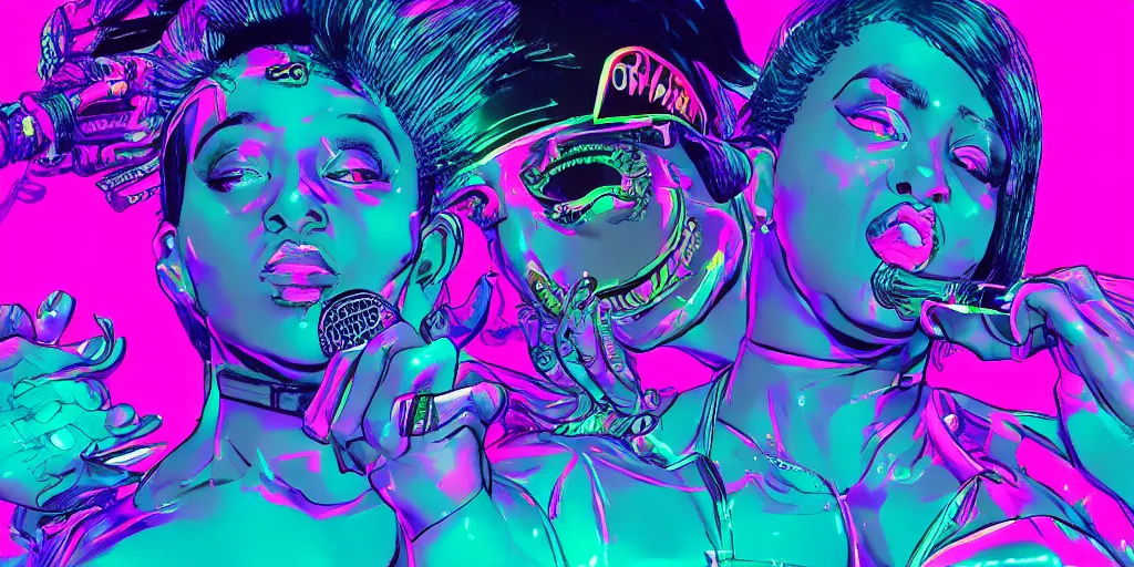 Image similar to female rappers performing on stage with laser light show, digital art, vapor wave, hip hop, psychedelic, trending on Artstation, professional artist, detailed, 4k