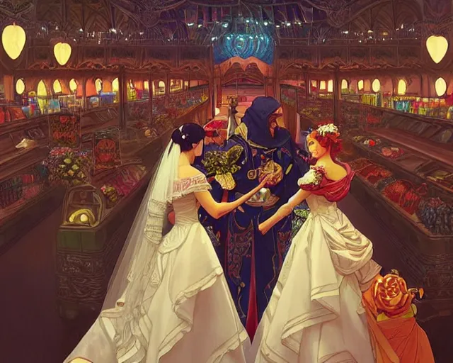 Image similar to a wedding in a supermarket, photography of kurzgesagt, deep focus, d & d, fantasy, intricate, elegant, highly detailed, digital painting, artstation, concept art, matte, sharp focus, illustration, hearthstone, art by artgerm and greg rutkowski and alphonse mucha