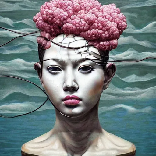 Image similar to Sandra Chevrier, floating vaporwave marble head bust, award winning masterpiece with incredible details, Zhang Kechun, a surreal vaporwave vaporwave vaporwave vaporwave vaporwave painting by Thomas Cole of a floating old pink mannequin head with cables and wires coming out of it's neck, sinking underwater, highly detailed