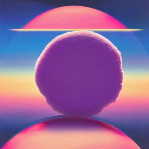 Image similar to 8 0 s new age album cover depicting a fluffy pink cloud in the shape of a hamburger, very peaceful mood