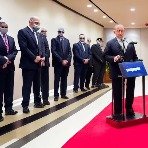 Image similar to photograph of Benjamin Netanyahu giving a speech while bodyguards wearing suits and medical masks are standing behind him ,a podium is in front of him, cinematic lighting, official media, HQ, 4K, news photography