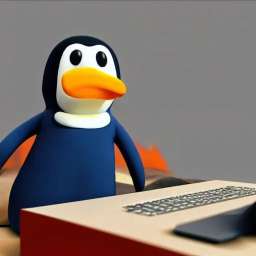 Prompt: pingu sitting behind a computer, 3 d render,, art, epic lighting, clay, claymation