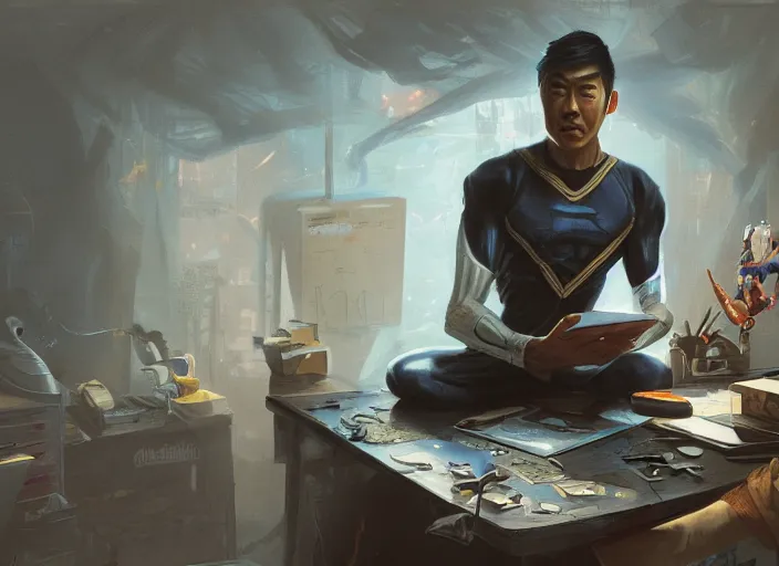 Prompt: an insanely detailed painting of an asian man wearing a homemade superhero costume, sitting at a desk, staring seriously at the computer and typing, in the style of peter mohrbacher, james jean, rutkowski, dramatic lighting and composition, surreal background, octane render, pixar, trending on artstation, concept art, comic book, view from behind, 8 k