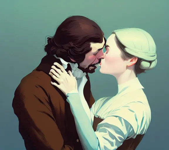 Prompt: portrait of jane eyre kissing mr. rochester by atey ghailan, by greg rutkowski, by greg tocchini, by james gilleard, by joe fenton, by kaethe butcher, dynamic lighting, gradient light blue, brown, blonde cream and white color scheme, grunge aesthetic